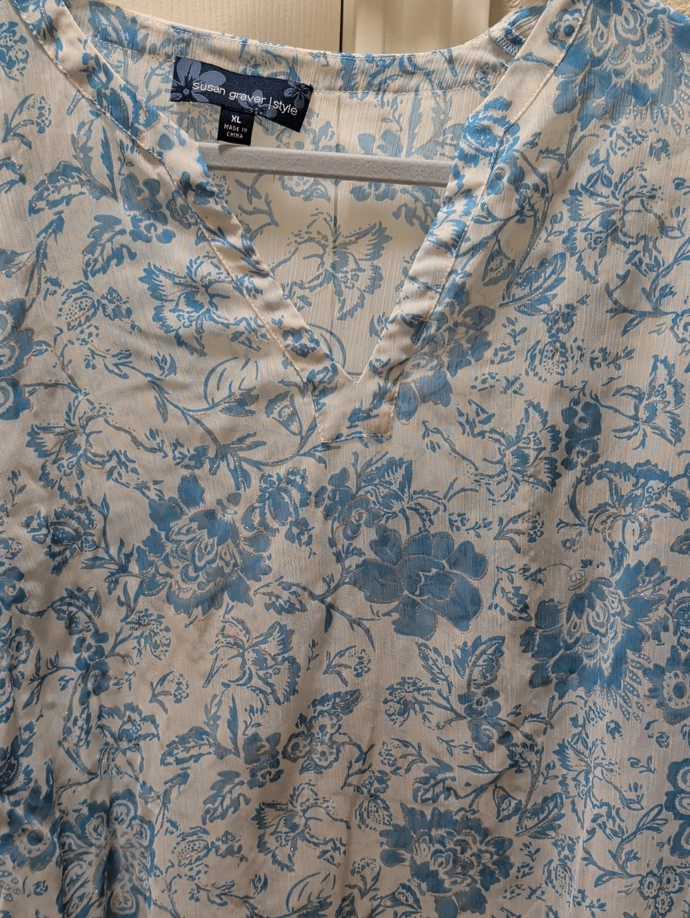 Susan Graver Cream Tunic with Blue Floral Print